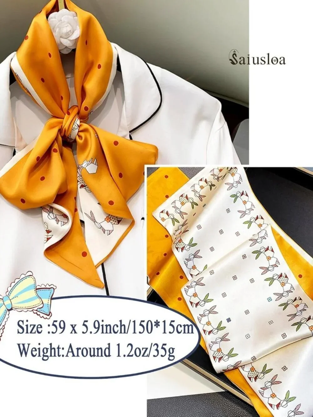 Women's little Orange Rabbit Head Scarves Long Skinny Silky Hair Bags Scarf